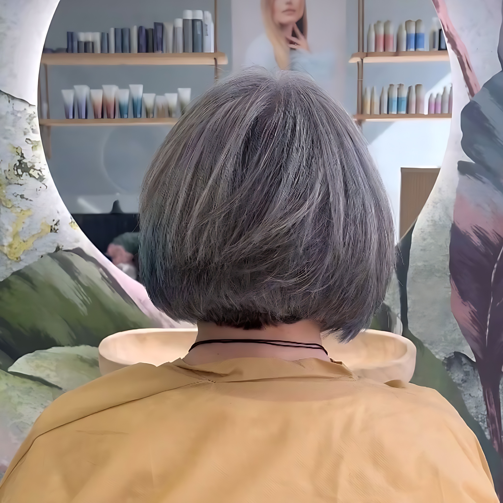 Mujer con cabello corto y canoso vista desde atrás, sentada en un salón de belleza. Fondo decorado con productos para el cabello y un mural artístico.